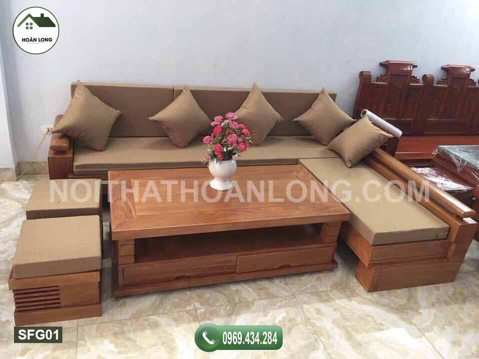Bộ ghế sofa góc chữ L gỗ gõ SFG01 - Nội thất Hoàn Long