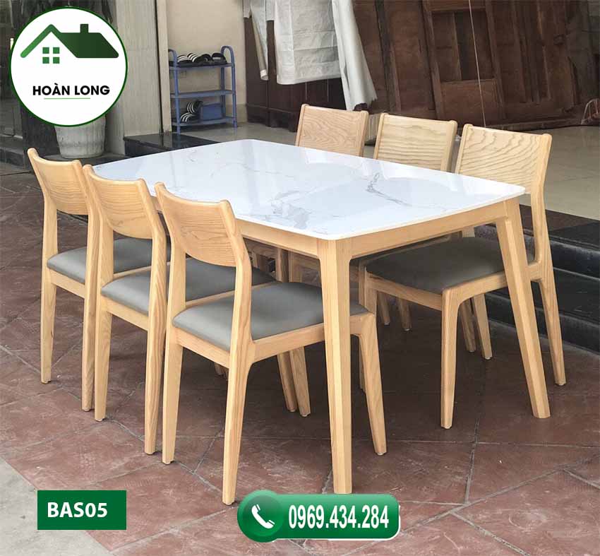 Bộ bàn ăn 6 ghế gỗ sồi Nga mặt đá nhân tạo BAS05