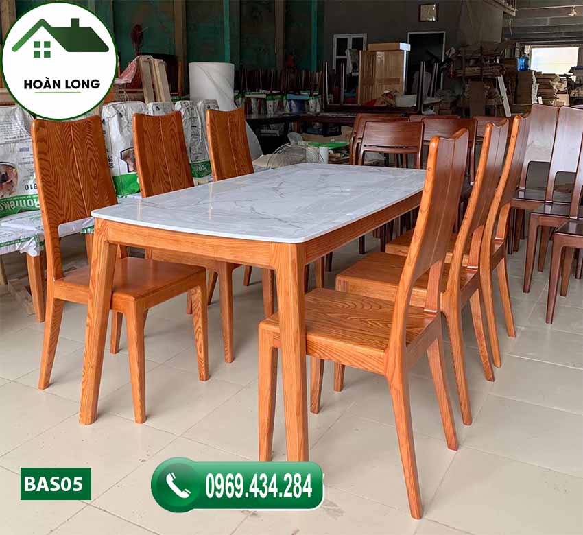 Bộ bàn ăn 6 ghế gỗ sồi Nga mặt đá nhân tạo BAS05