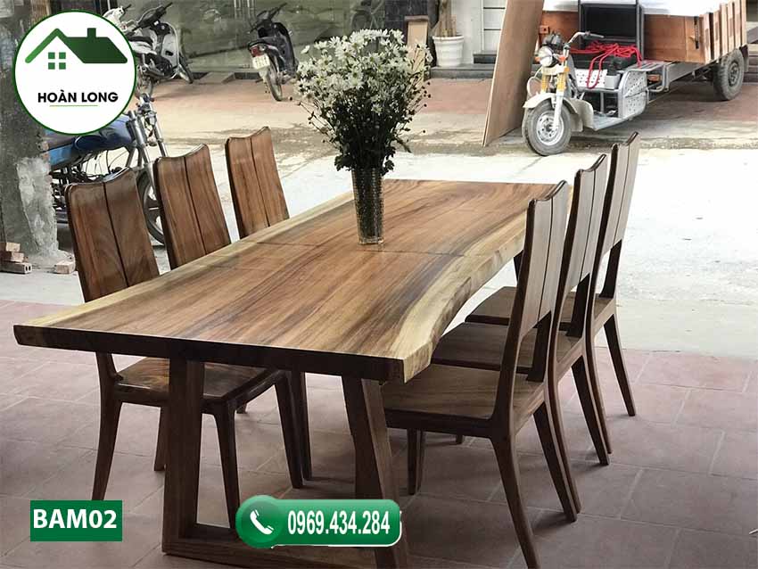 Bộ bàn ăn nguyên tấm 6 ghế gỗ me tây BAM02