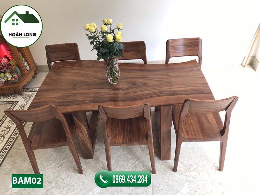 Bộ bàn ăn nguyên tấm 6 ghế gỗ me tây BAM02