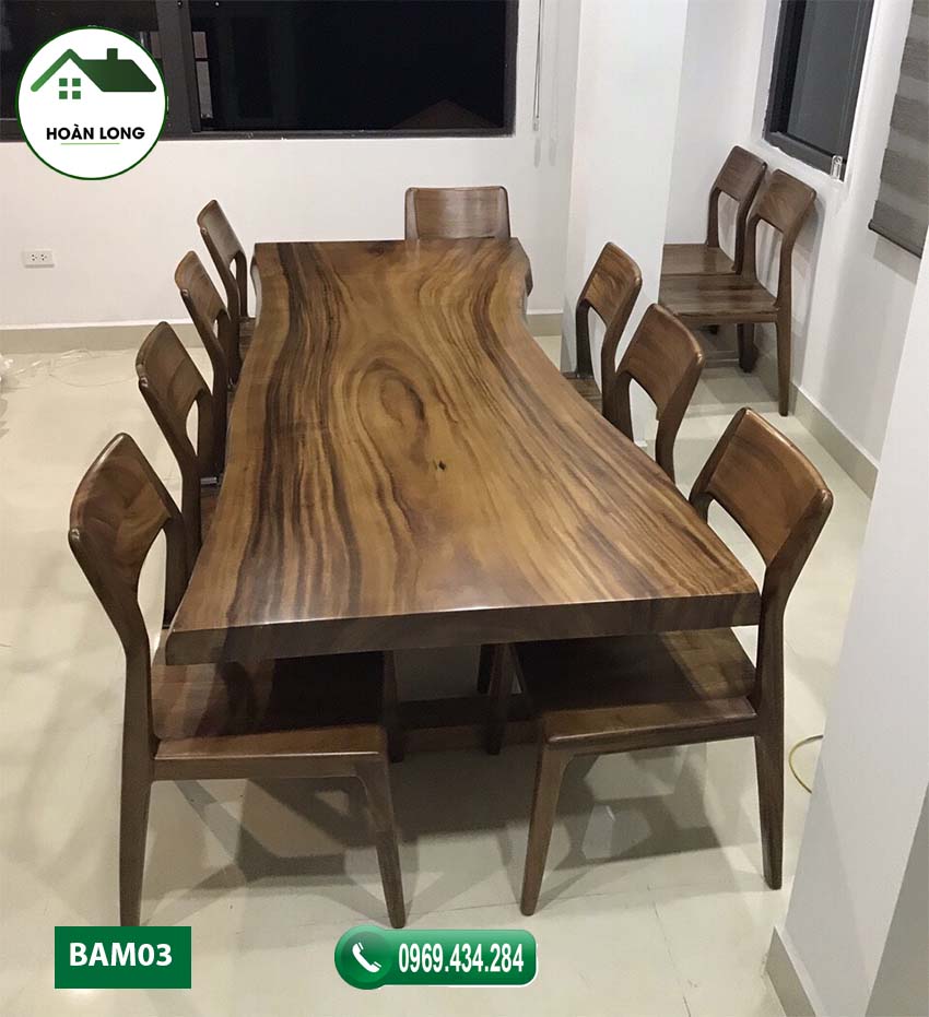 Bộ bàn ăn 8 ghế gỗ me tây nguyên tấm BAM03